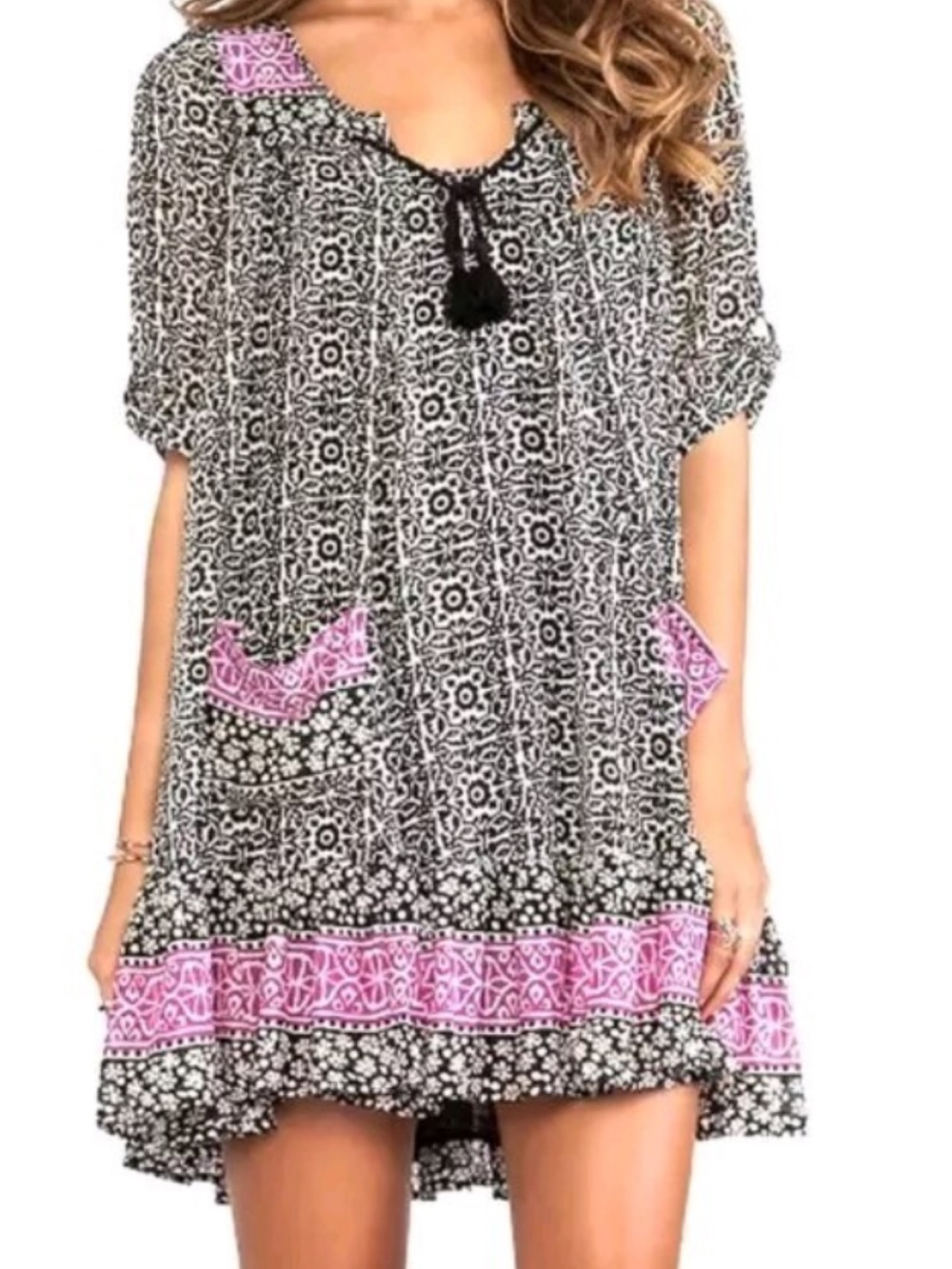 Free people penny lane Boho Black & Pink Floral Shift Dress with Tassel Tie 2665